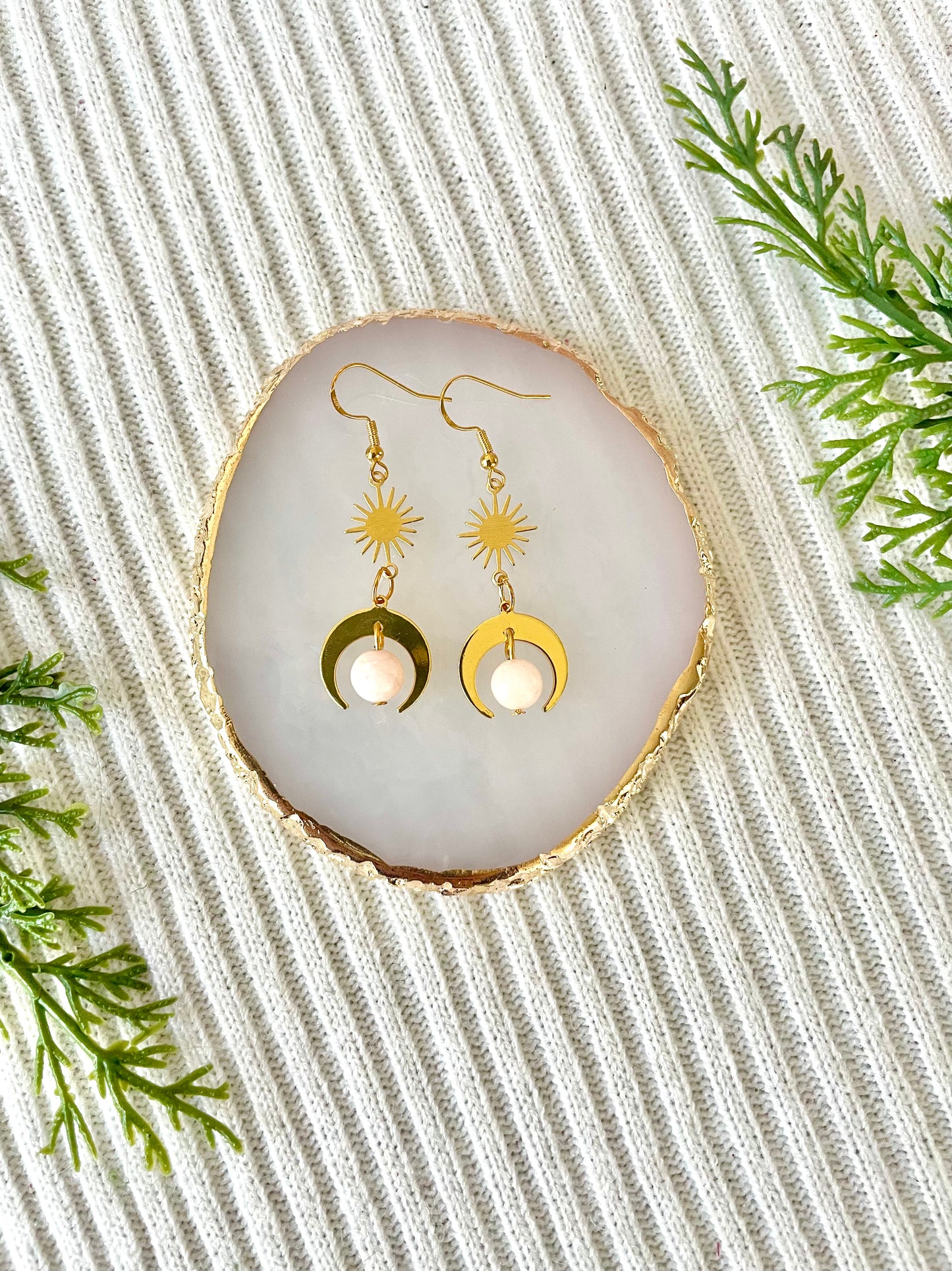 Star & half moon dangle earrings w/ beads
